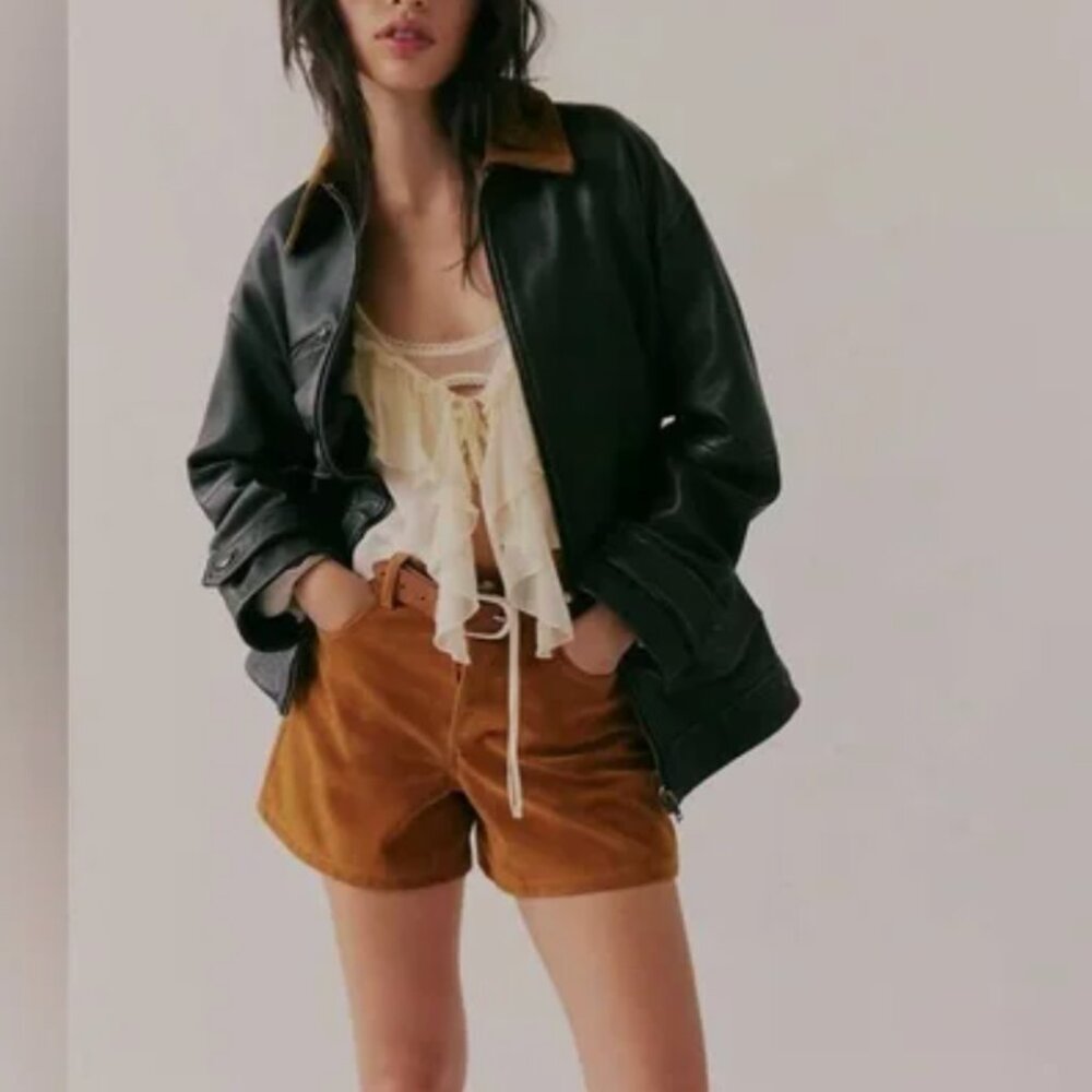 Free People Black Leather Jacket with Brown Collar